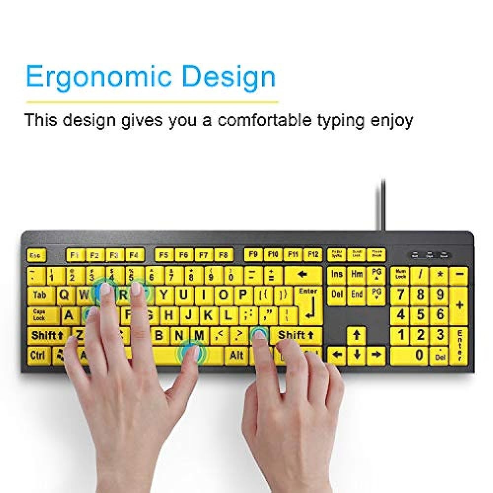 BOOGIIO Large Print Computer Keyboard, Wired USB High Contrast Keyboard with Extra Large Print  Yellow and Black for Visually Impaired Mother